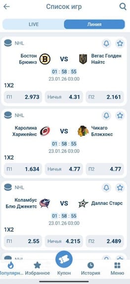 Линия хоккейных матчей NHL на 1xBet