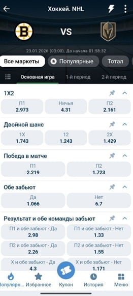 Роспись хоккейного матча на сайте 1xBet
