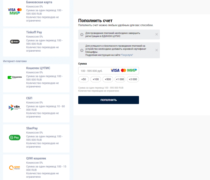 Способы пополнения Зенит