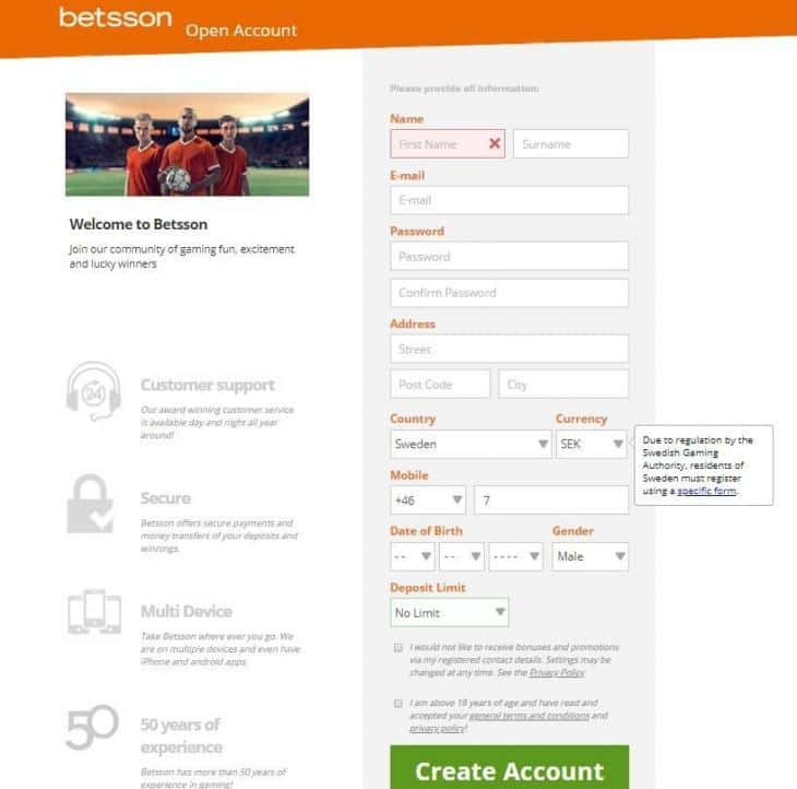 Регистрация бетссон