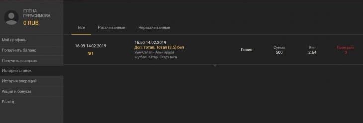 личный кабинет история ставок
