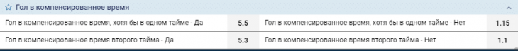 пример рынка Гол в компенсированное время, хотя бы в одном тайме
