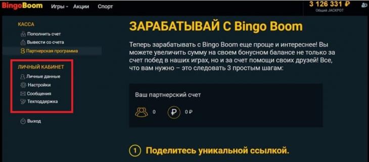 Интерфейс личного кабинета Bingo Boom